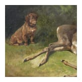 "Dackel mit erlegtem Rehbock", bezeichnet Ludwig Volz