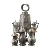 Zunftflasche und f&uuml;nf Kaffeek&auml;nnchen aus Zinn, s&uuml;ddeutsch, 18./fr&uuml;hes 19. Jhdt.