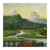 Uhrenbild und f&uuml;nf Hinterglasbilder, alpenl&auml;ndisch, 19. Jhdt.