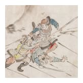 Tuschezeichnung dreier k&auml;mpfender Samurais, Japan, sp&auml;te Edo-Periode