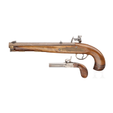 A flintlock pistol and a percussion pocket pistol, collector's replicas in the style of the 18th/19th century.