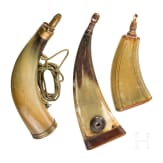 Two powder flasks and a powder horn, German, 18th/19th century