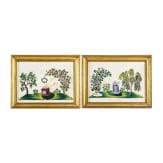 A framed pair of French or Swiss pearl embroideries, circa 1830/40