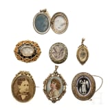 Gold-Gedenkbrosche, drei Broschen und drei Medaillons, eine England, datiert 1867, weitere Frankreich, Italien, 1920 und sp&auml;ter