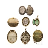 Gold-Gedenkbrosche, drei Broschen und drei Medaillons, eine England, datiert 1867, weitere Frankreich, Italien, 1920 und sp&auml;ter