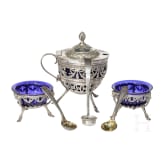 F&uuml;nf silberne Gew&uuml;rzsch&auml;lchen, drei Eier- und zwei Schnapsbecher, deutsch, um 1890/1900