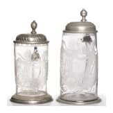 Zwei Walzenkr&uuml;ge mit Zinnmontierung, Sachen, datiert 1794/18. Jhdt.