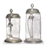 Zwei Walzenkr&uuml;ge mit Zinnmontierung, Sachen, datiert 1794/18. Jhdt.