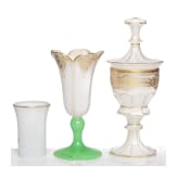 A Bohemian milk glass goblet with cover, beaker and vase, 19th century