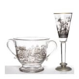 Gro&szlig;er Pokal und Henkelschale mit Jagdszene, J. & L. Lobmeyr, Wien, um 1880