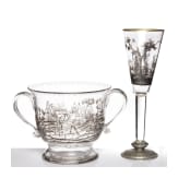 Gro&szlig;er Pokal und Henkelschale mit Jagdszene, J. & L. Lobmeyr, Wien, um 1880