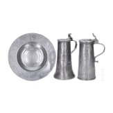 An Austrian broadrim charger and two pewter jugs, Salzburg, 17th/early 18th century