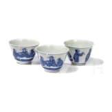 Three Chinese blue and white teacups, late Qing Dynasty