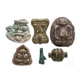 Five amulet pendants and one bronze bead, ancient Egyptian, 2nd - 1st millennium B.C.