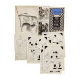 Willi Engelhardt - Mappe mit Studienarbeiten mit Selbstportraits, Zeppelin-Luftschiff, Zeichentrickfilm und Architektur-Radierungen, 1920er Jahre