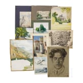 Willi Engelhardt - Mappe mit Studienarbeiten mit Selbstportraits, Zeppelin-Luftschiff, Zeichentrickfilm und Architektur-Radierungen, 1920er Jahre