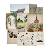 Willi Engelhardt - Mappe mit Studienarbeiten mit Selbstportraits, Zeppelin-Luftschiff, Zeichentrickfilm und Architektur-Radierungen, 1920er Jahre