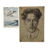 Willi Engelhardt - Mappe mit Studienarbeiten mit Selbstportraits, Zeppelin-Luftschiff, Zeichentrickfilm und Architektur-Radierungen, 1920er Jahre