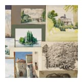 Willi Engelhardt - Mappe mit Studienarbeiten mit Selbstportraits, Zeppelin-Luftschiff, Zeichentrickfilm und Architektur-Radierungen, 1920er Jahre