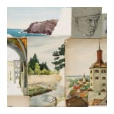 Willi Engelhardt - Mappe mit Studienarbeiten mit Selbstportraits, Zeppelin-Luftschiff, Zeichentrickfilm und Architektur-Radierungen, 1920er Jahre