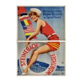 Willi Engelhardt - gro&szlig;formatiger zweiteiliger Plakatentwurf f&uuml;r "Fleischmann's Hotel-Strand-u. Sportbad" in Steinebach am W&ouml;rthsee in Oberbayern, um 1930