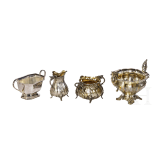 F&uuml;nf Schalen und zwei K&auml;nnchen, &uuml;berwiegend in Silberausf&uuml;hrung, 19./20. Jhdt.