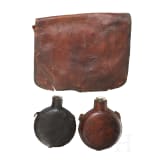 Jagdtasche und zwei lederbezogene Trinkflaschen, deutsch, Mitte 19. Jhdt.