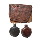 Jagdtasche und zwei lederbezogene Trinkflaschen, deutsch, Mitte 19. Jhdt.