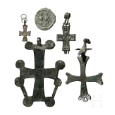 Four Byzantine crosses, one enkolpion and a coin (follis Nicomedia), 6th/7rd century