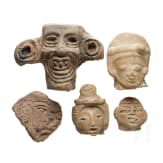 Two pre-Colombian vessels and five terracotta heads