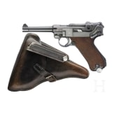 A Luger pistole by Mauser, code "1938 - S/42", 2 matching magazines, holster; Kriegsmarine