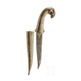 A gold-damascened Indian khanjar with ram's head handle, 20th century