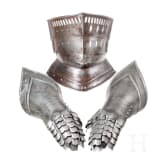 A visor and a pair of gauntlets, collector's replica in the style of the 16th century