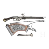 A wheelock pistol and a powder flask in 1630s style, repro for decorative purposes only, 20th century