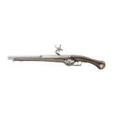 A wheelock pistol and a powder flask in 1630s style, repro for decorative purposes only, 20th century