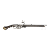 A wheelock pistol and a powder flask in 1630s style, repro for decorative purposes only, 20th century
