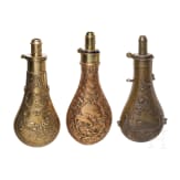 Three English powder flasks, circa 1850