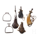 A small collection of German powder flasks and hunting items, 19th/20th century