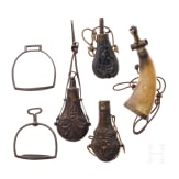A small collection of German powder flasks and hunting items, 19th/20th century