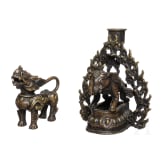 Kerzenleuchter und Tierfigur, Bronze, Thailand, 1. Hälfte 20. Jhdt.