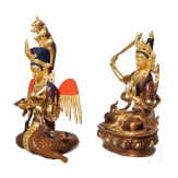Zwei Bronzefiguren, Naga Kanya und Manjushri, Nepal, 20. Jhdt.