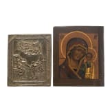 Ikone mit der feurigen Himmelfahrt des Propheten Elias mit Oklad und Ikone mit Gottesmutter von Kasan (Kasankaja), Russland, 19. Jhdt.