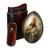 Lack-Zigarrenetui und Ei mit Kreml-Ansicht, Russland, Danilowo, Fabrik Aleksandr Lukutin, 1863-76 und Russland, um 1900