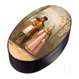 Lackdose mit Bajuwarenpaar, Russland, Fedoskino, Fedoskiner Artel ehem. Meister der Fabrik Lukutin, 1910-13
