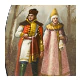 Lackdose mit Bajuwarenpaar, Russland, Fedoskino, Fedoskiner Artel ehem. Meister der Fabrik Lukutin, 1910-13