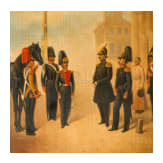 Gro&szlig;e Lackschatulle mit Milit&auml;rszene "Gruppe von Offizieren des Leibgarde-Grenadier-Regiments" nach Adolf Jebens, Danilowo, Fabrik Nikolaj Lukutin, 1882-94