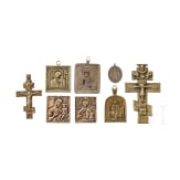 Miniaturikone mit Silberoklad, Silberanh&auml;nger und sechs Bronzeikonen, Russland, 18. (eine) - 20. Jhdt.