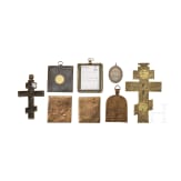 Miniaturikone mit Silberoklad, Silberanh&auml;nger und sechs Bronzeikonen, Russland, 18. (eine) - 20. Jhdt.