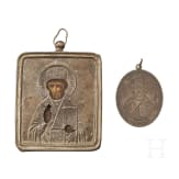 Miniaturikone mit Silberoklad, Silberanh&auml;nger und sechs Bronzeikonen, Russland, 18. (eine) - 20. Jhdt.