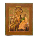 Ikone mit der Gottesmutter Iwerskaja mit Silberoklad und Silberfiligran, Russland, 19. Jhdt. (Ikone), Moskau, Grigorij Sbitnjew, 1891